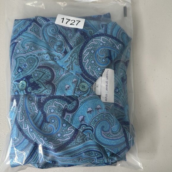 Susan Graver Button up Shirt Blue Paisley 1X Preppy - Picture 4 of 9